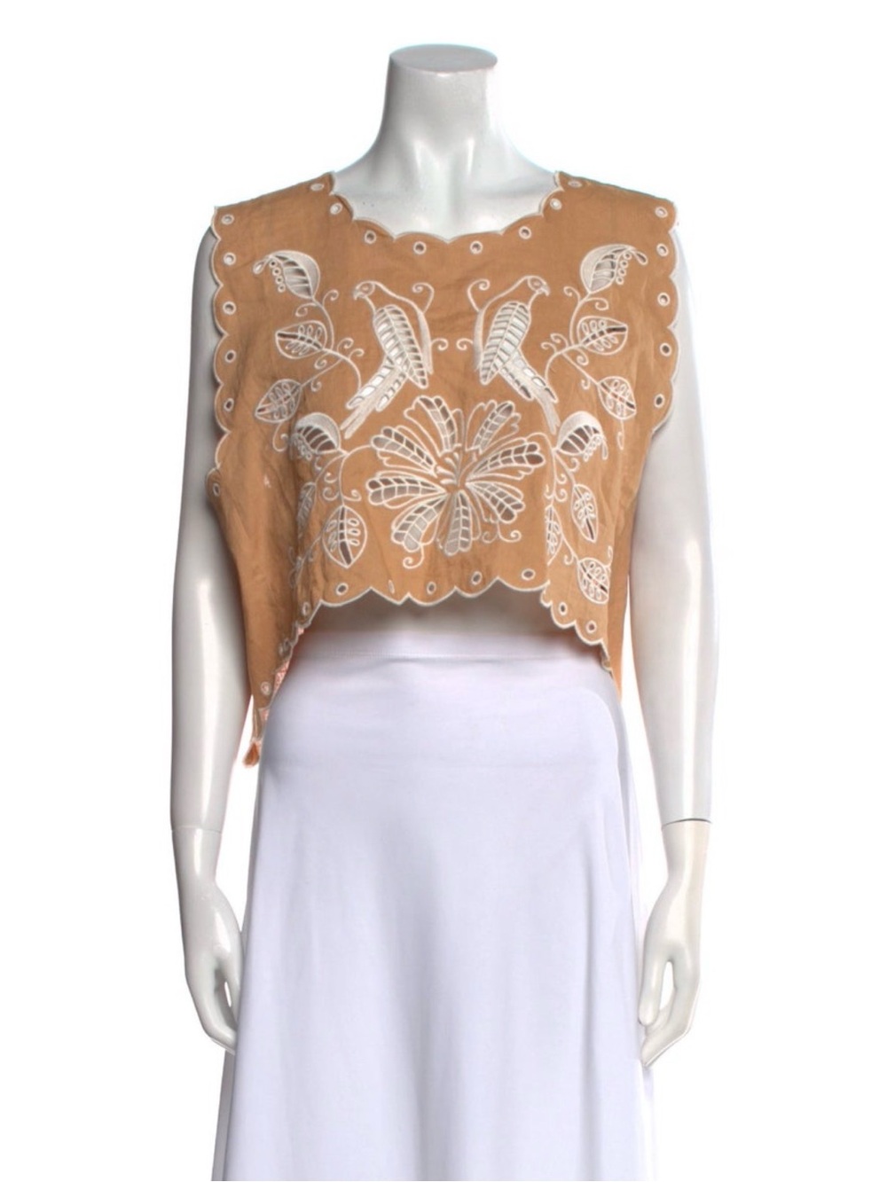 FARM Rio Tan Crop Shell with White Floral Embroidery
